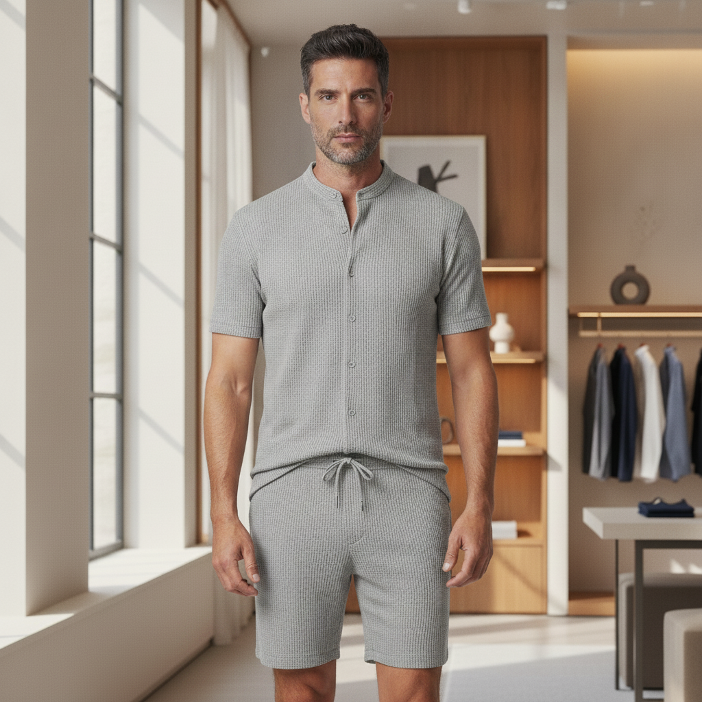 Completo Coordinato Uomo a Coste – Camicia Colletto Coreana e Pantaloncini - Grigio Righe - indossato