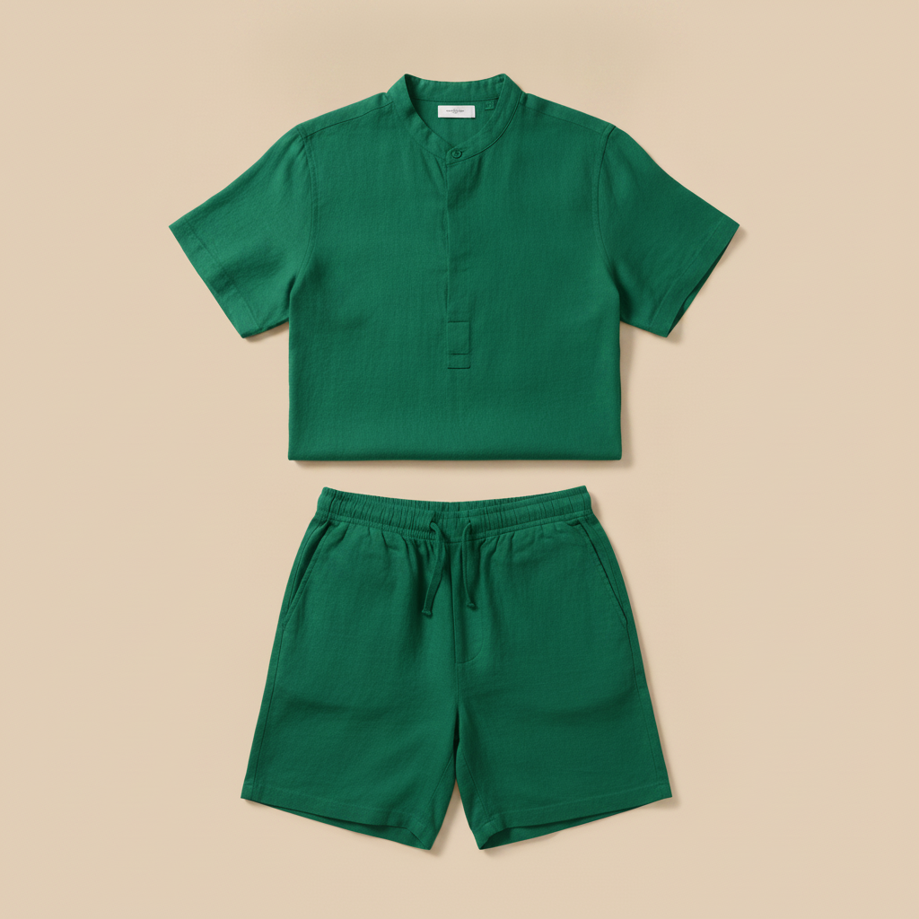 Completo Coordinato Uomo Camicia Lino Tinta Vivace e Pantaloncini - Verde Smeraldo