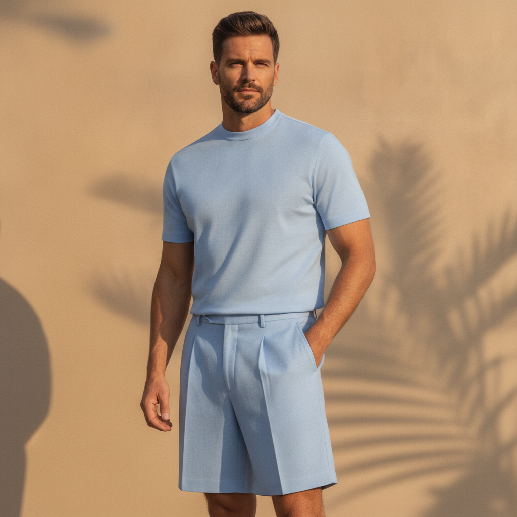Completo Coordinato Uomo Camicia e Pantaloncini con Pinces - Azzurro - indossato