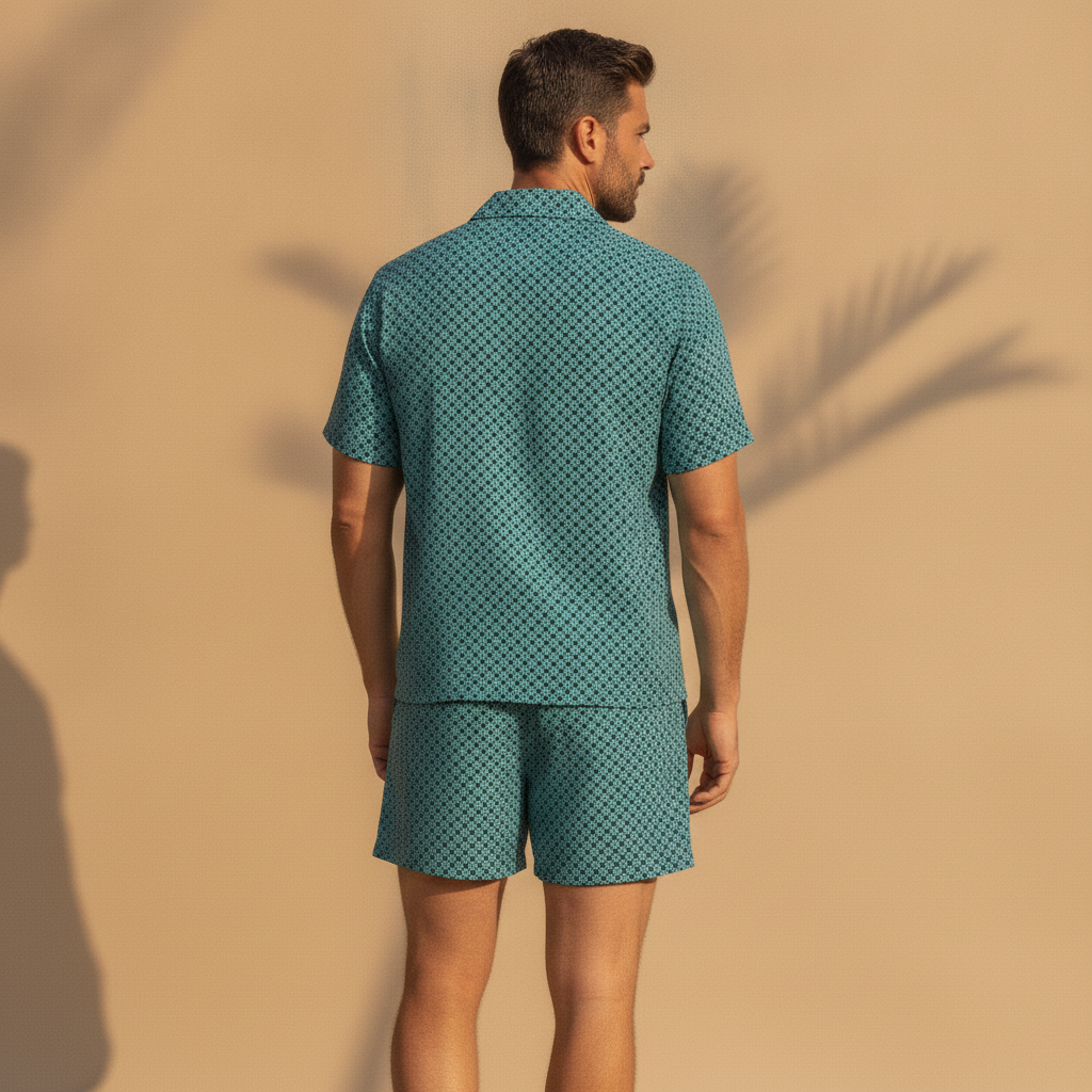 Completo Coordinato Uomo Camicia Geometrica e Pantaloncini - vista posteriore