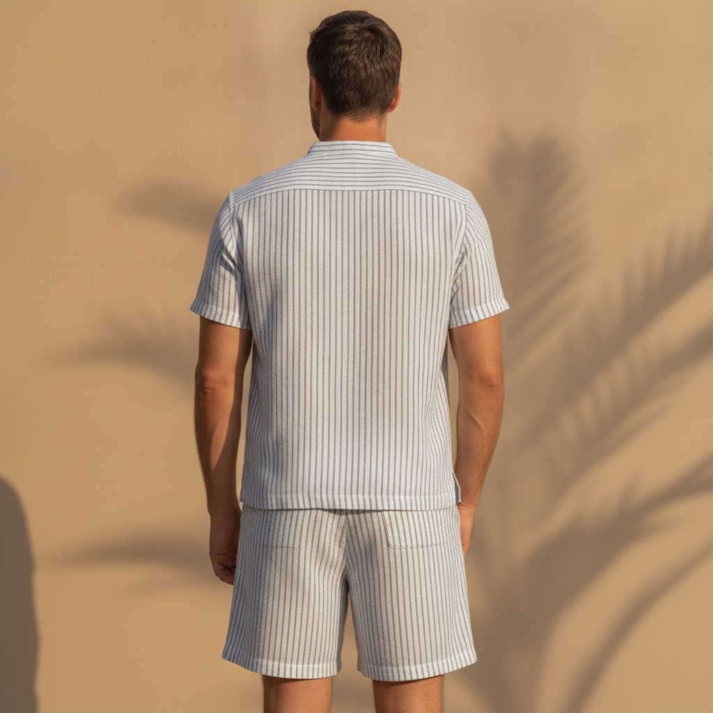 Completo Coordinato Uomo Camicia Lino Gessato e Pantaloncini - vista posteriore