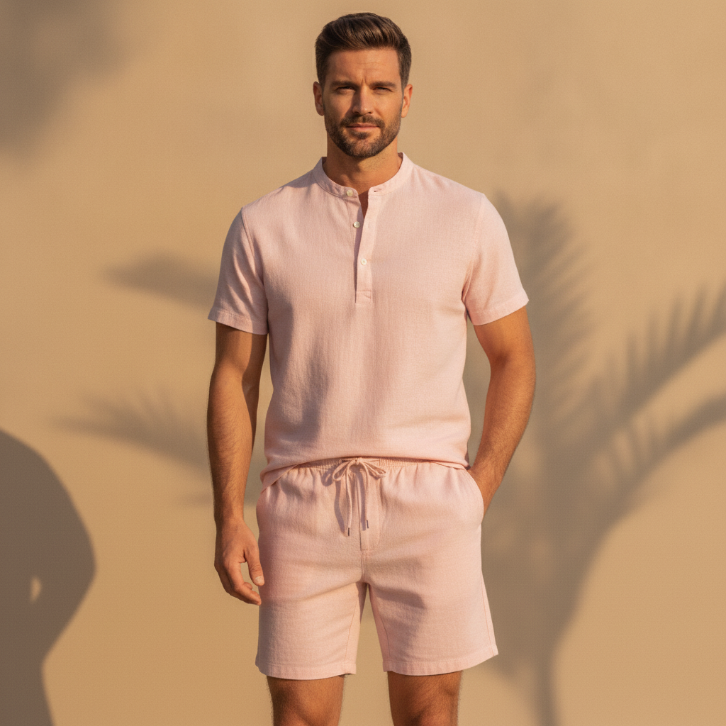 Completo Coordinato Uomo Camicia Fiammata Pastello e Pantaloncini - Rosa Pastello - indossato