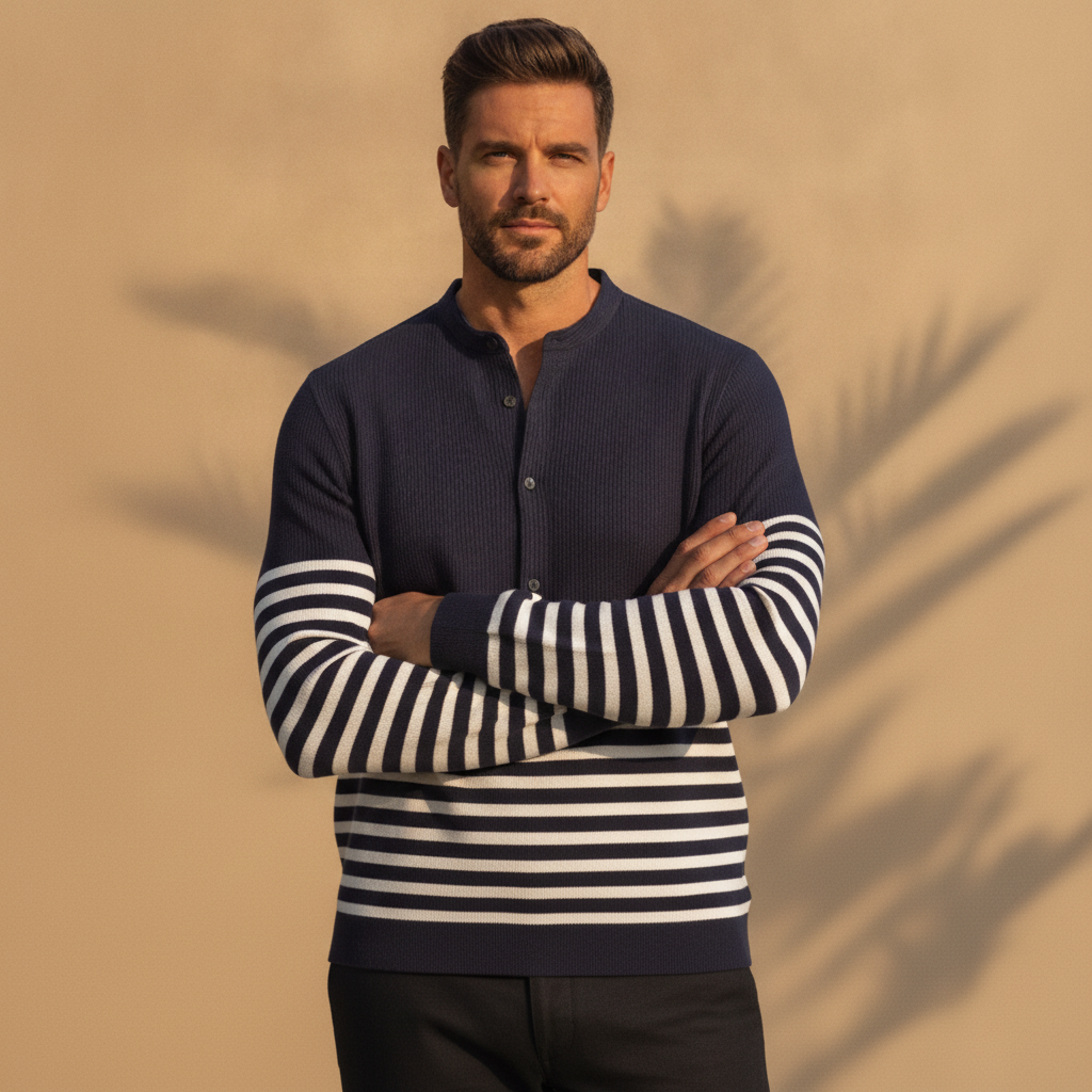 T-shirt Uomo a Righe Marinière – Stile Nautico Estivo - Navy e Bianco - indossato