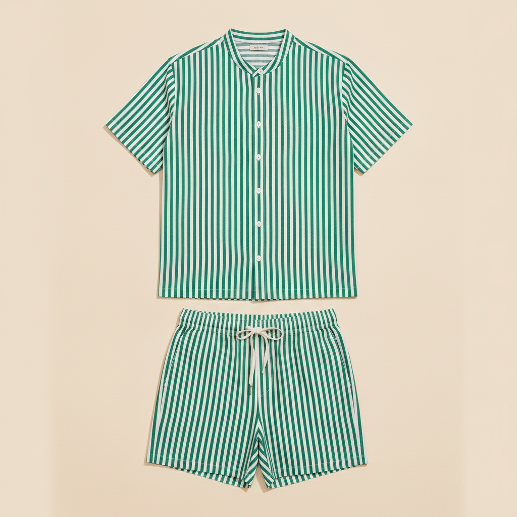Completo Coordinato Uomo Camicia a Righe Verticali e Pantaloncini - Verde e Bianco