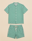Completo Coordinato Uomo Camicia a Righe Verticali e Pantaloncini - Verde e Bianco
