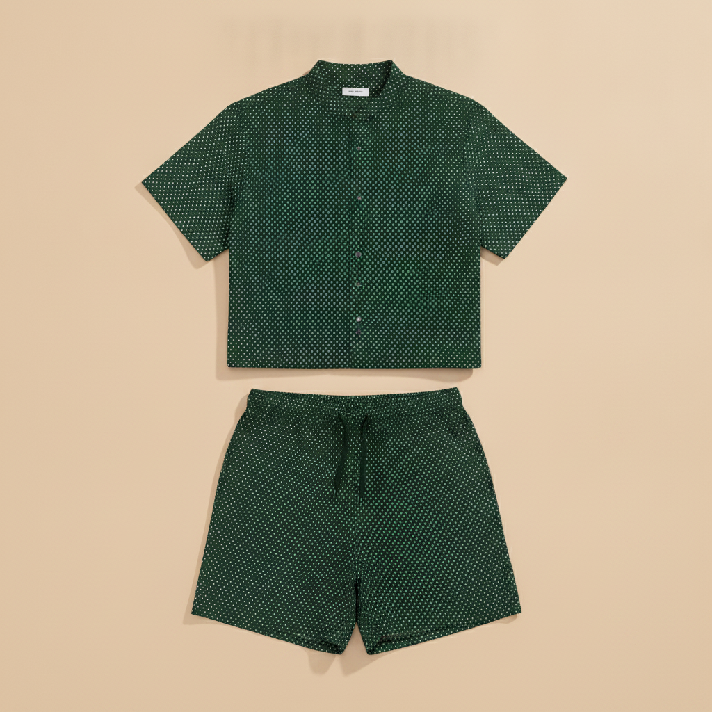 Completo Coordinato Uomo Camicia Micro-Pois e Pantaloncini - Verde Micro-Pois