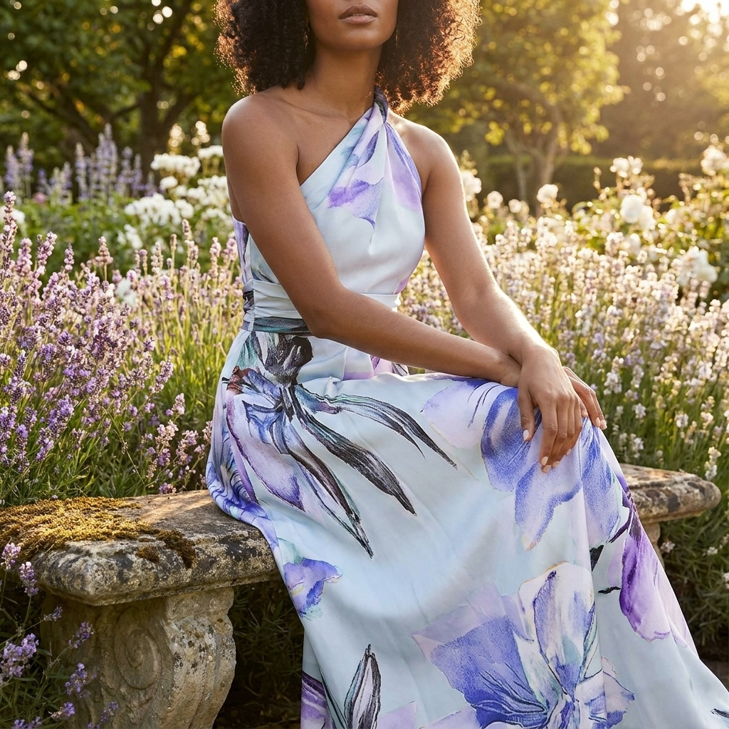 Abito lungo donna in tessuto stampato, collo halter — vista 10