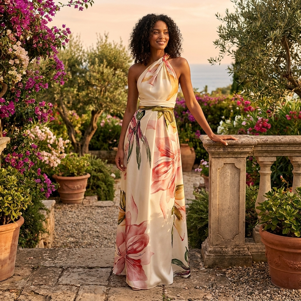 Abito lungo donna in tessuto stampato, collo halter