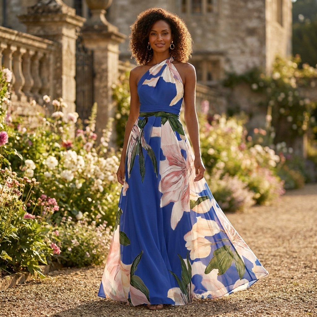 Abito lungo donna in tessuto stampato, collo halter — vista 5