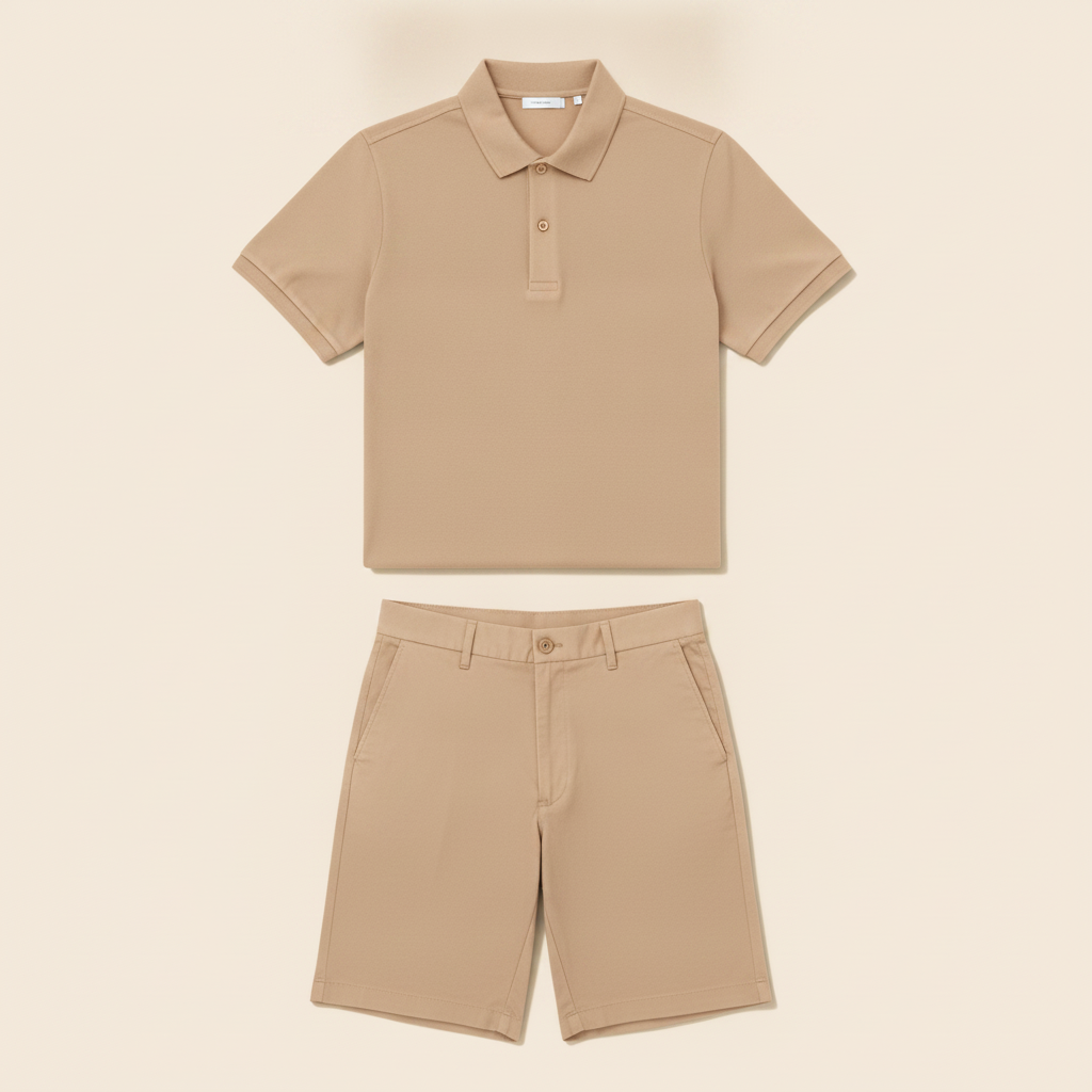 Completo Coordinato Uomo Polo Piqué e Bermuda Chino - Beige