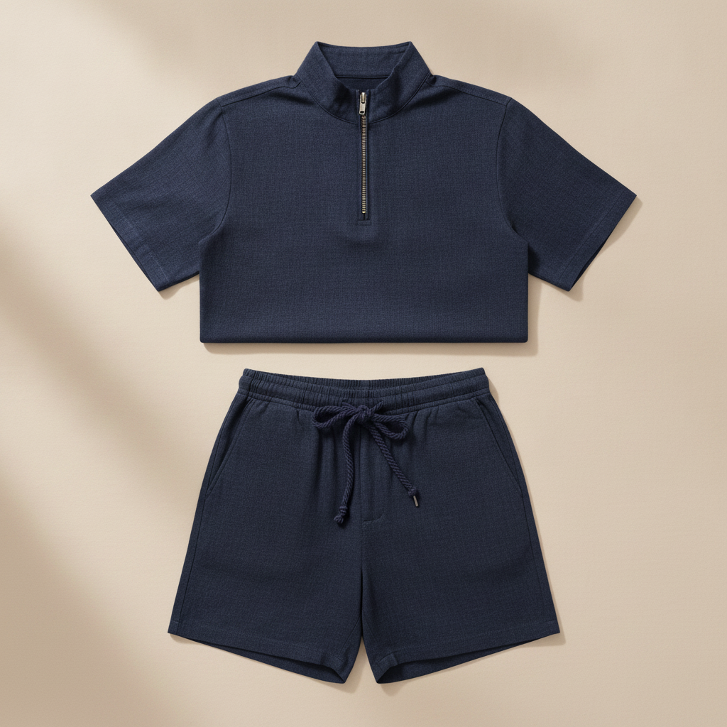 Completo Coordinato Uomo Polo Zip e Pantaloncini - Blu Navy