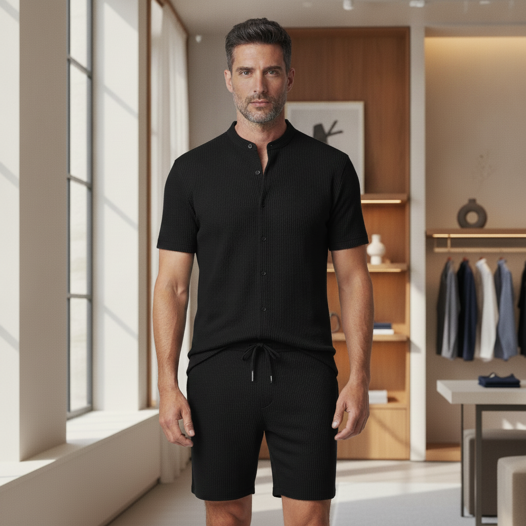 Completo Coordinato Uomo a Coste – Camicia Colletto Coreana e Pantaloncini - Nero - indossato