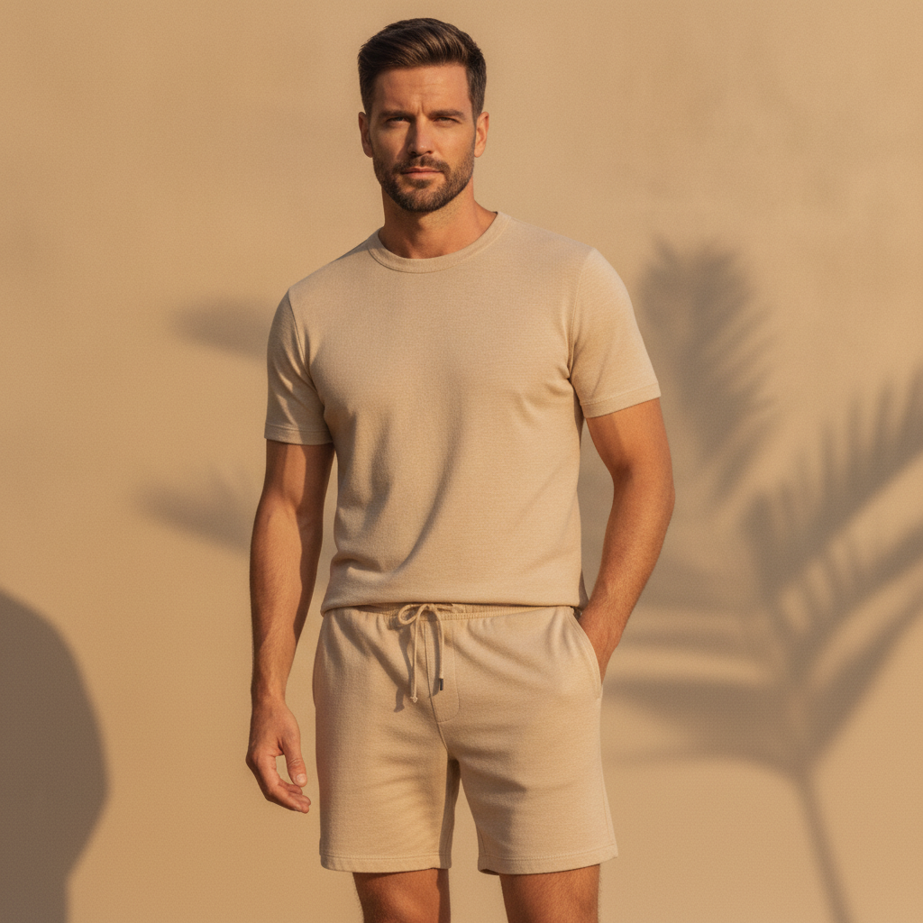Completo Coordinato Uomo Camicia Slub e Pantaloncini - Beige Sabbia - indossato