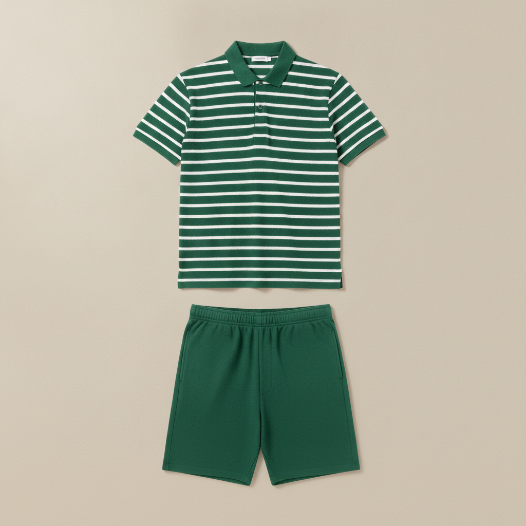 Completo Coordinato Uomo Polo a Righe e Bermuda - Verde e Bianco