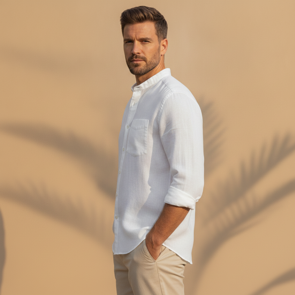 Camicia Uomo in Lino con Taschino – Naturale e Rilassata Estiva - vista laterale