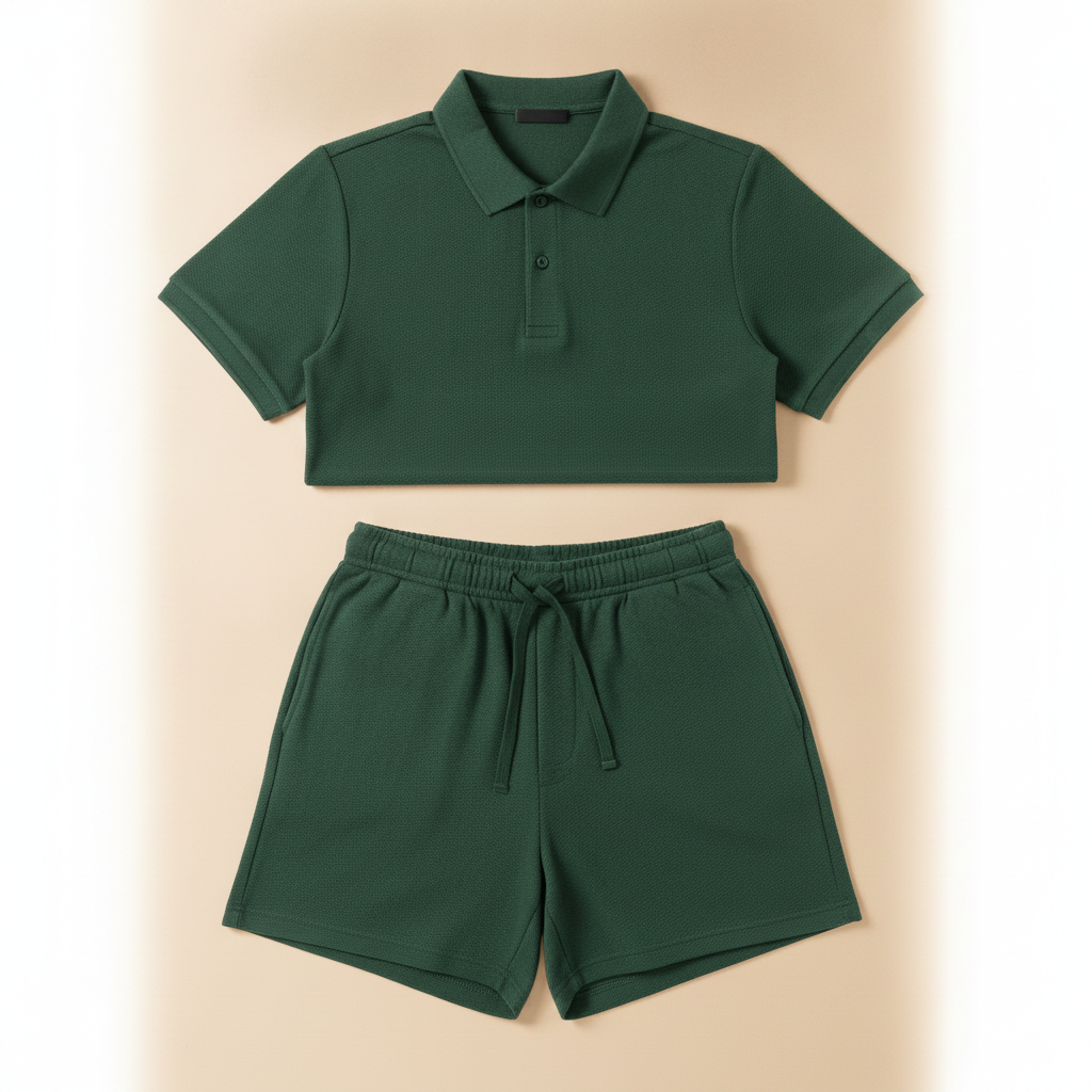 Completo Coordinato Uomo Polo Piqué Testurizzata e Pantaloncini - Verde Bosco