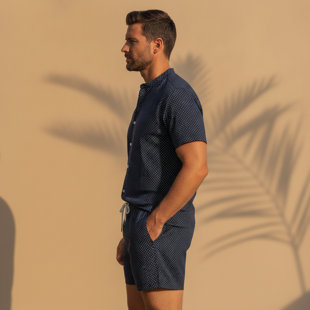 Completo Coordinato Uomo Camicia a Pois e Pantaloncini - vista laterale
