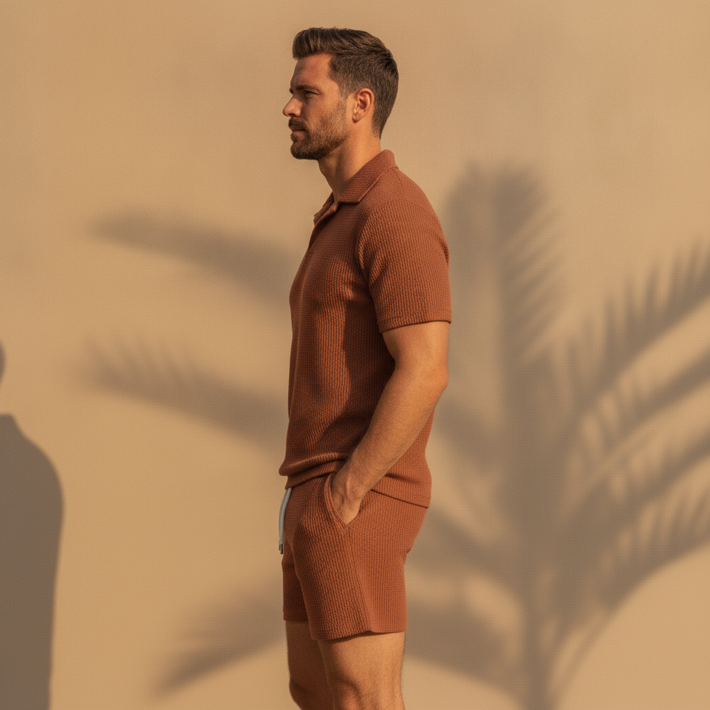 Completo Coordinato Uomo Polo Waffle e Pantaloncini a Coste - vista laterale