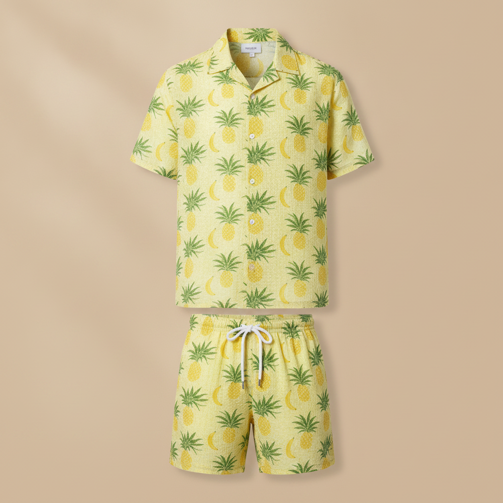 Completo Coordinato Uomo Camicia Stampa Frutti Tropicali e Pantaloncini - Frutti Rossi