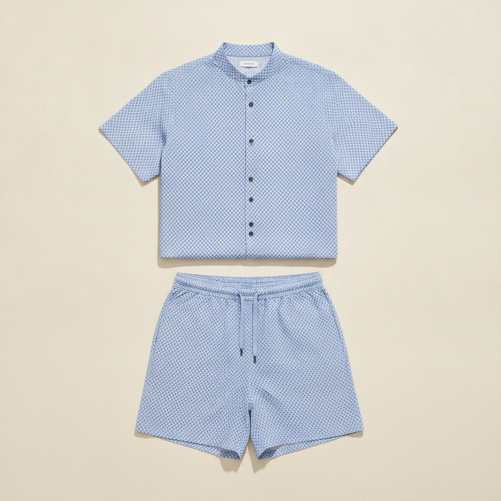 Completo Coordinato Uomo Camicia Micro-Pois e Pantaloncini - Azzurro Micro-Pois