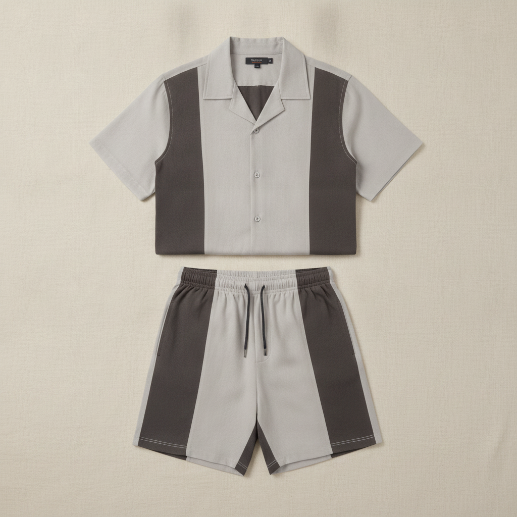 Completo Coordinato Uomo Camicia Color Block e Pantaloncini - Grigio e Blu