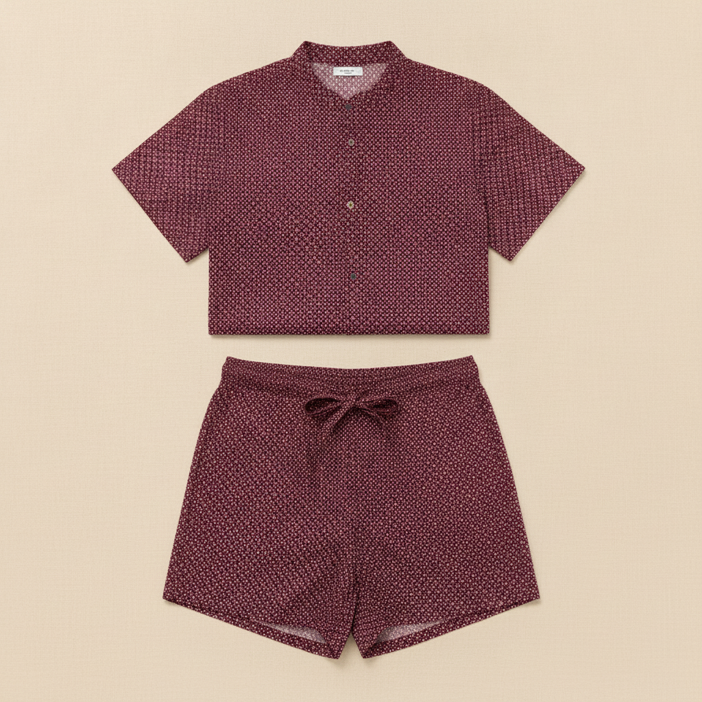 Completo Coordinato Uomo Camicia Popeline Mini-Stampa e Pantaloncini - Bordeaux Mini-Stampa