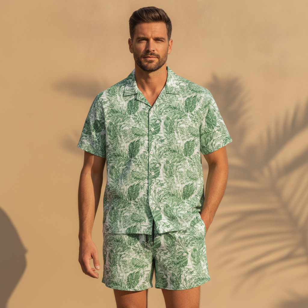 Completo Coordinato Uomo Camicia Tropicale e Pantaloncini - Foglie Verdi - indossato