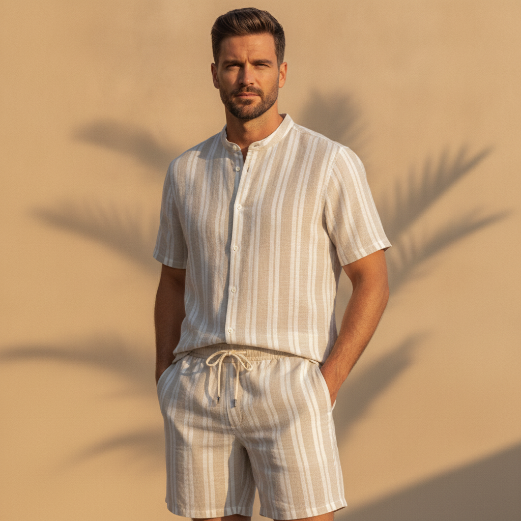 Completo Coordinato Uomo Camicia Garza Rigata e Pantaloncini - Beige e Bianco - indossato