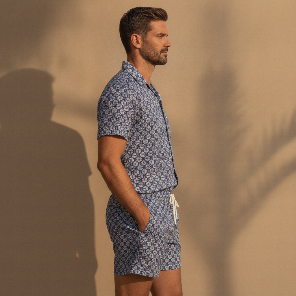 Completo Coordinato Uomo Camicia a Fiori e Pantaloncini - vista laterale