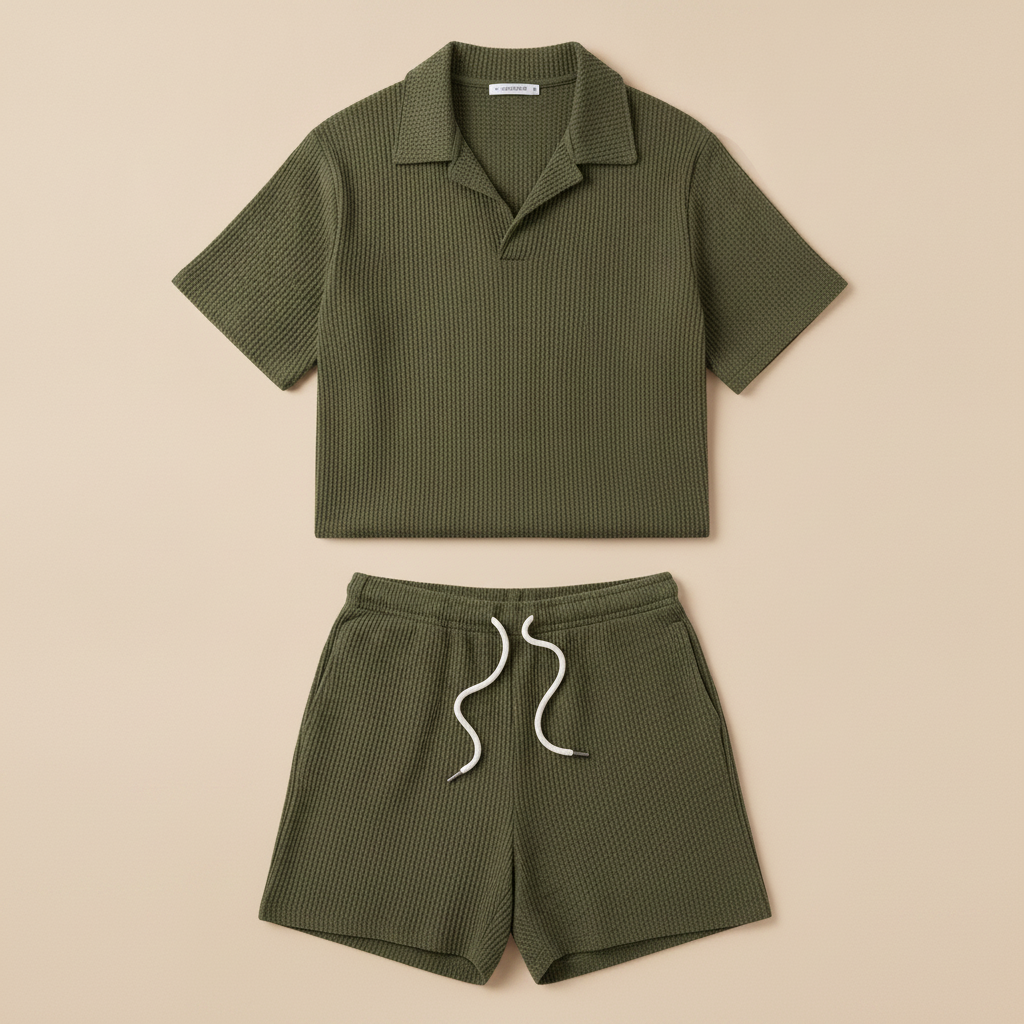 Completo Coordinato Uomo Polo Waffle e Pantaloncini a Coste - Verde Oliva