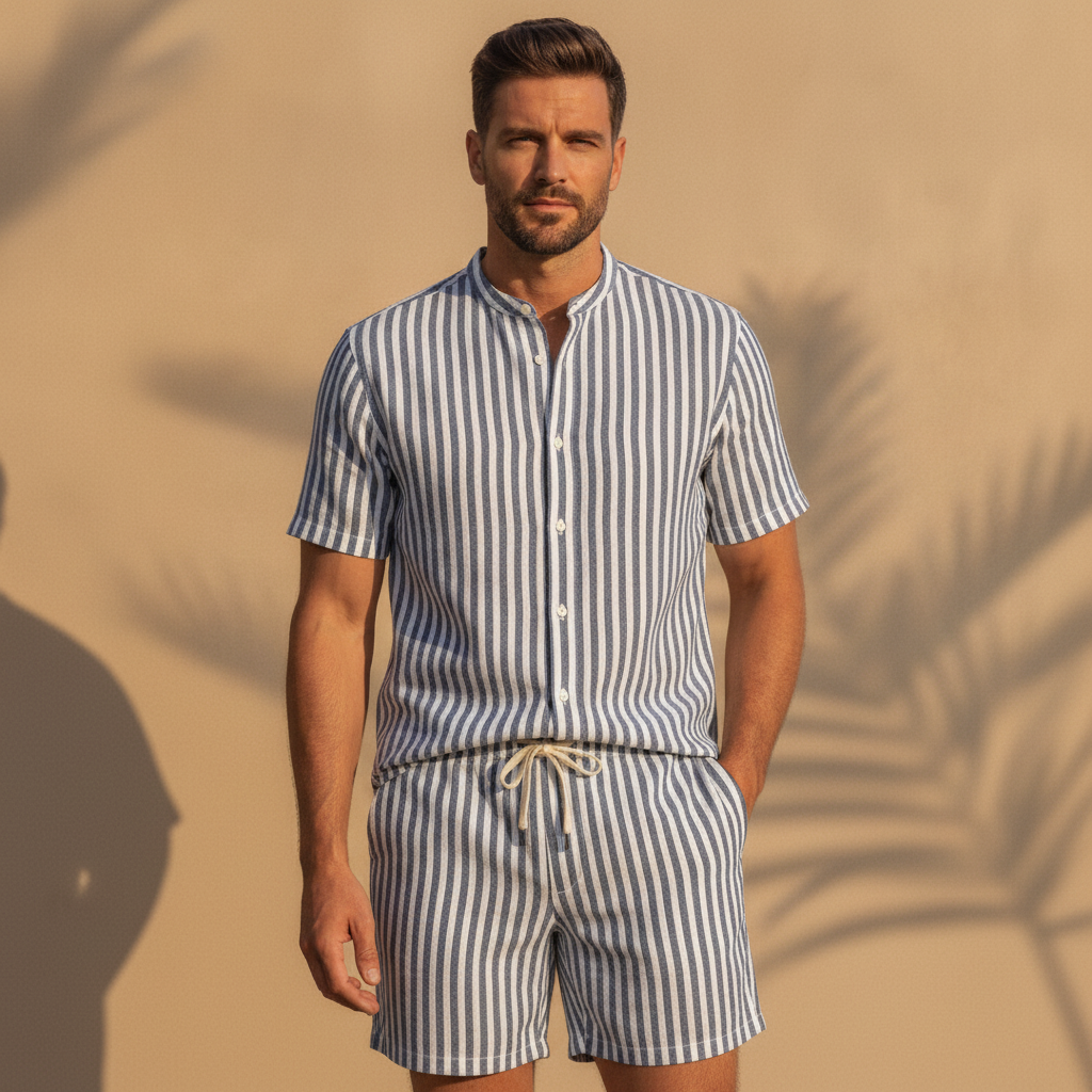 Completo Coordinato Uomo Camicia Lino a Righe e Pantaloncini - Navy e Bianco - indossato