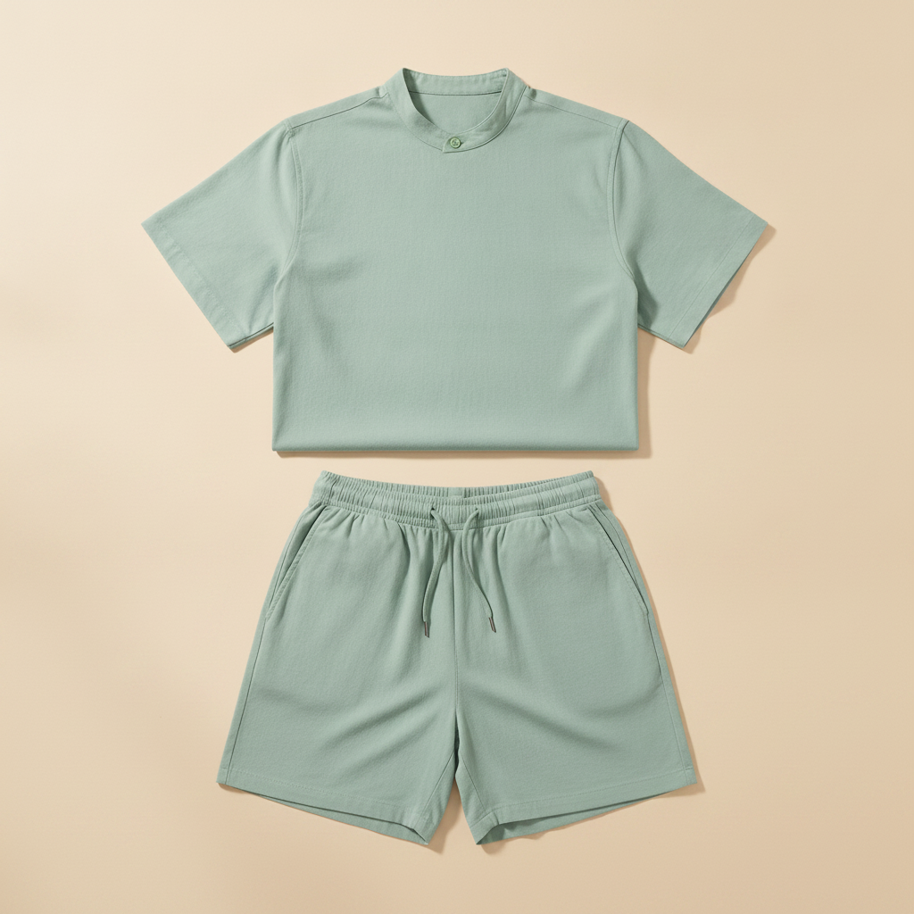 Completo Coordinato Uomo Camicia Doppio Ritorto e Pantaloncini - Verde Salvia