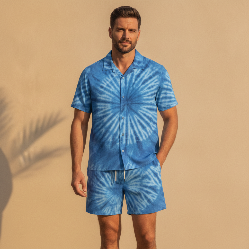 Completo Coordinato Uomo Camicia Tie-Dye e Pantaloncini - Tie-Dye Blu - indossato