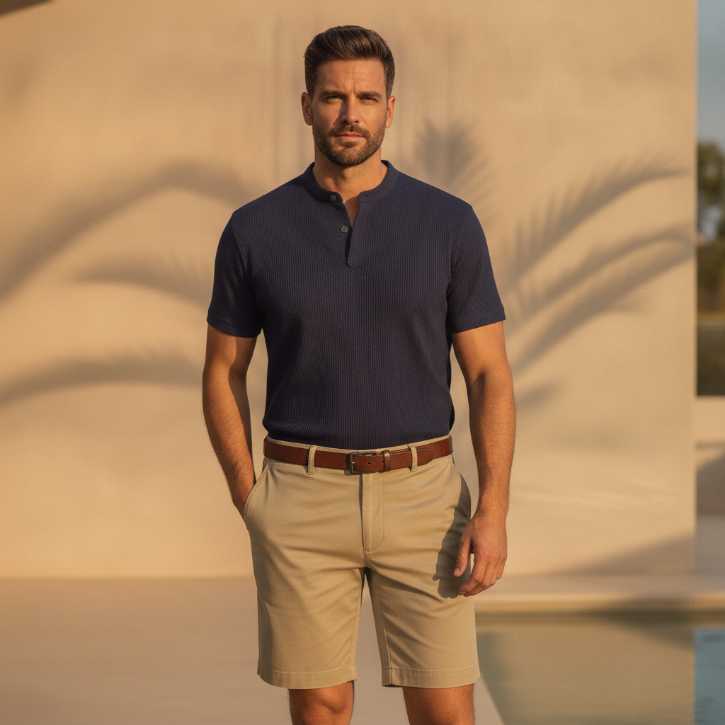 Bermuda Chino Uomo in Cotone – Eleganti e Versatili per l'Estate - Beige - indossato