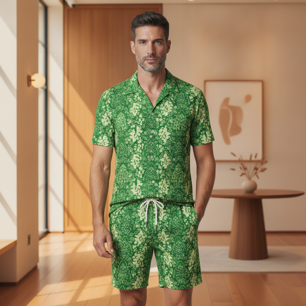 Completo Coordinato Uomo Camicia Batik e Pantaloncini - Batik Verde - indossato