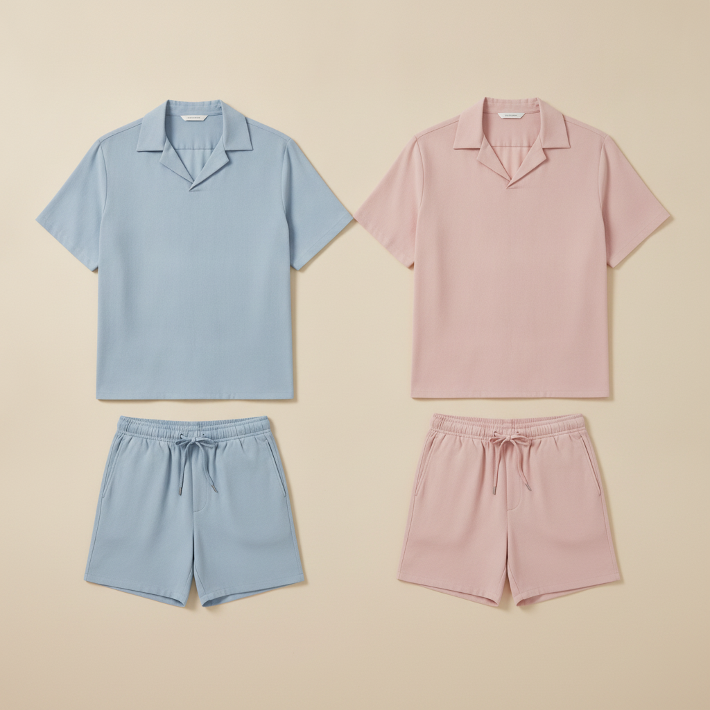 Completo Coordinato Uomo Camicia Tencel Fluida e Pantaloncini - Azzurro Polvere