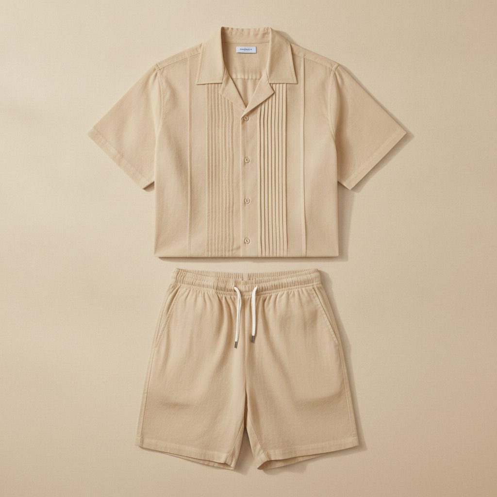 Completo Coordinato Uomo Camicia Guayabera e Pantaloncini - Beige Naturale