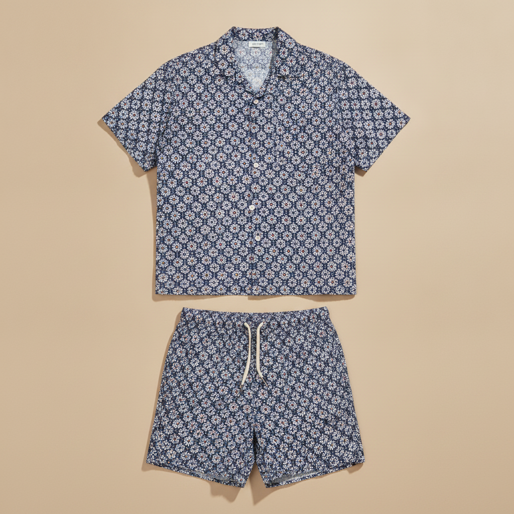 Completo Coordinato Uomo Camicia a Fiori e Pantaloncini - Fiori Verdi