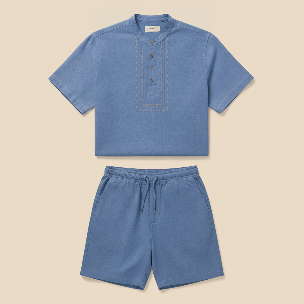 Completo Coordinato Uomo Camicia Chambray Ricamata e Pantaloncini - Blu Medio