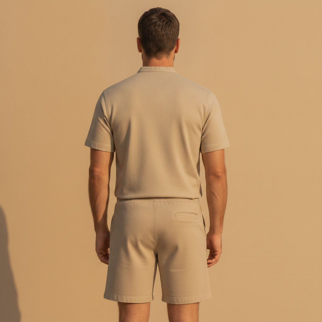 Completo Coordinato Uomo Camicia Safari Doppio Taschino e Pantaloncini - vista posteriore