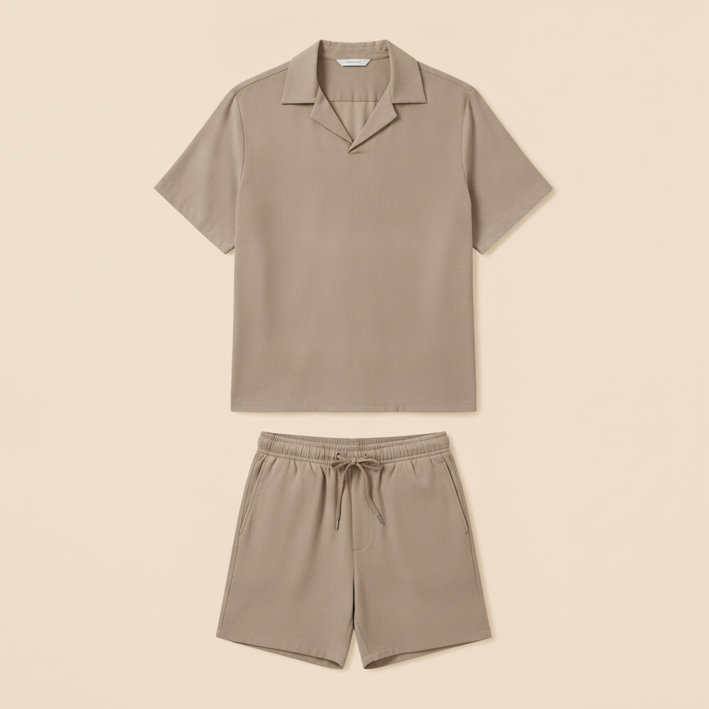 Completo Coordinato Uomo Camicia Tencel Fluida e Pantaloncini - Tortora