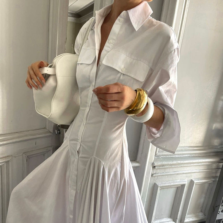 Abito lungo donna in cotone bianco, taglio svasato — vista 4