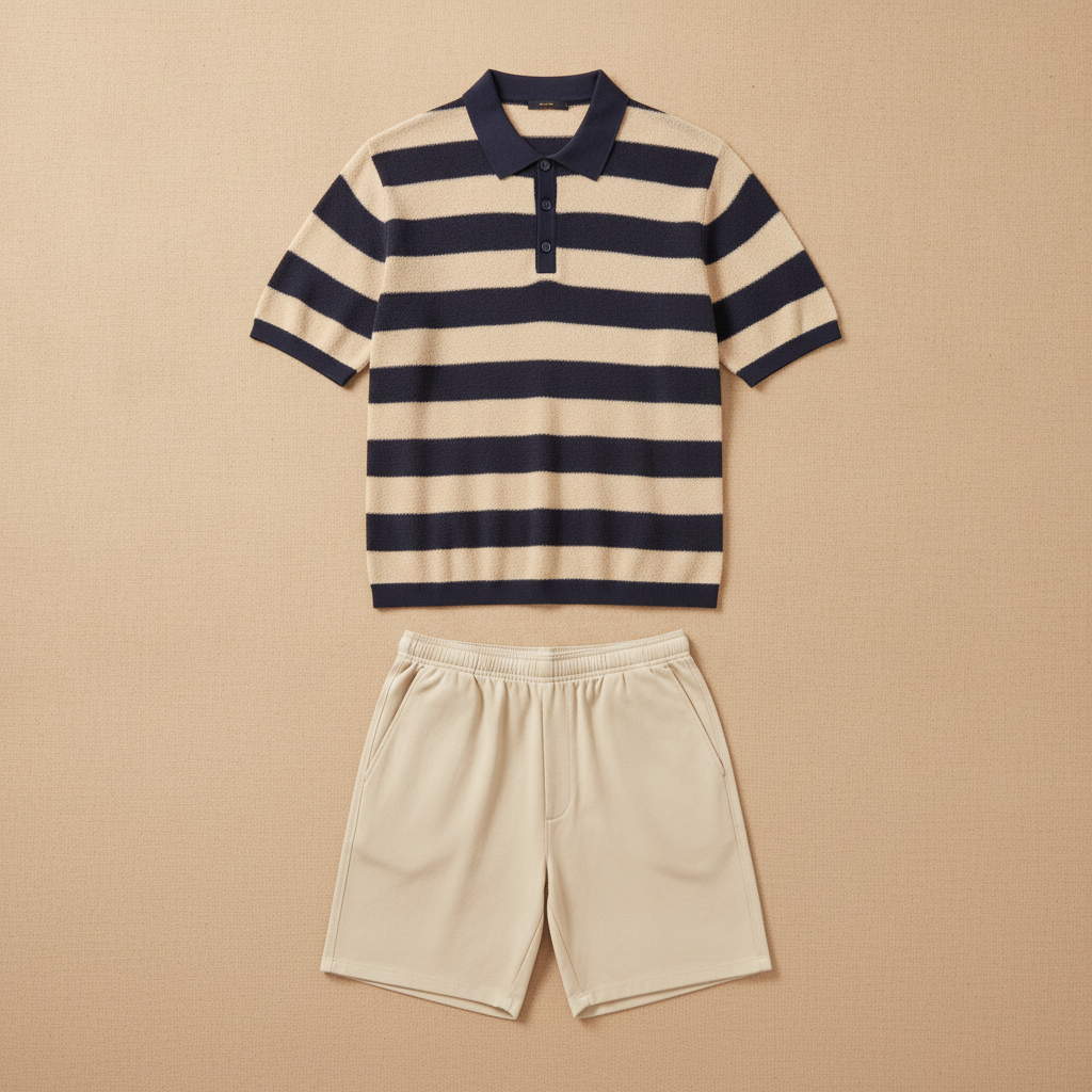 Completo Coordinato Uomo Polo Testurizzata a Righe e Bermuda - Navy e Panna