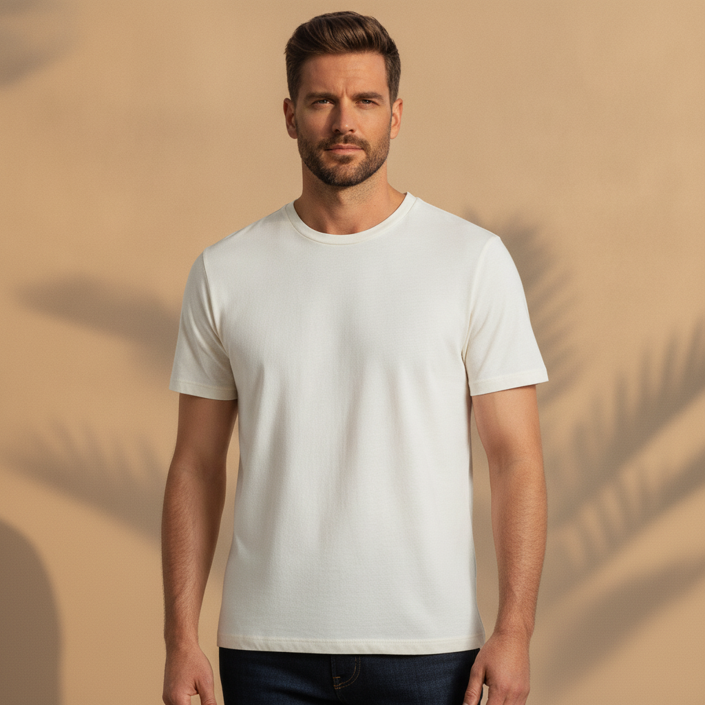 T-shirt Uomo in Cotone Biologico – Sostenibile e Morbida - Bianco Naturale - indossato