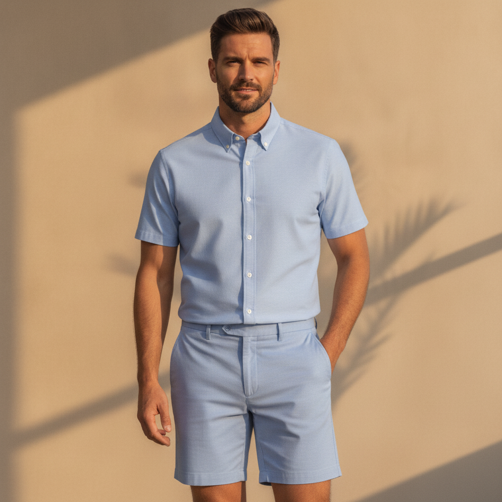 Completo Coordinato Uomo Camicia Oxford e Bermuda - Azzurro - indossato