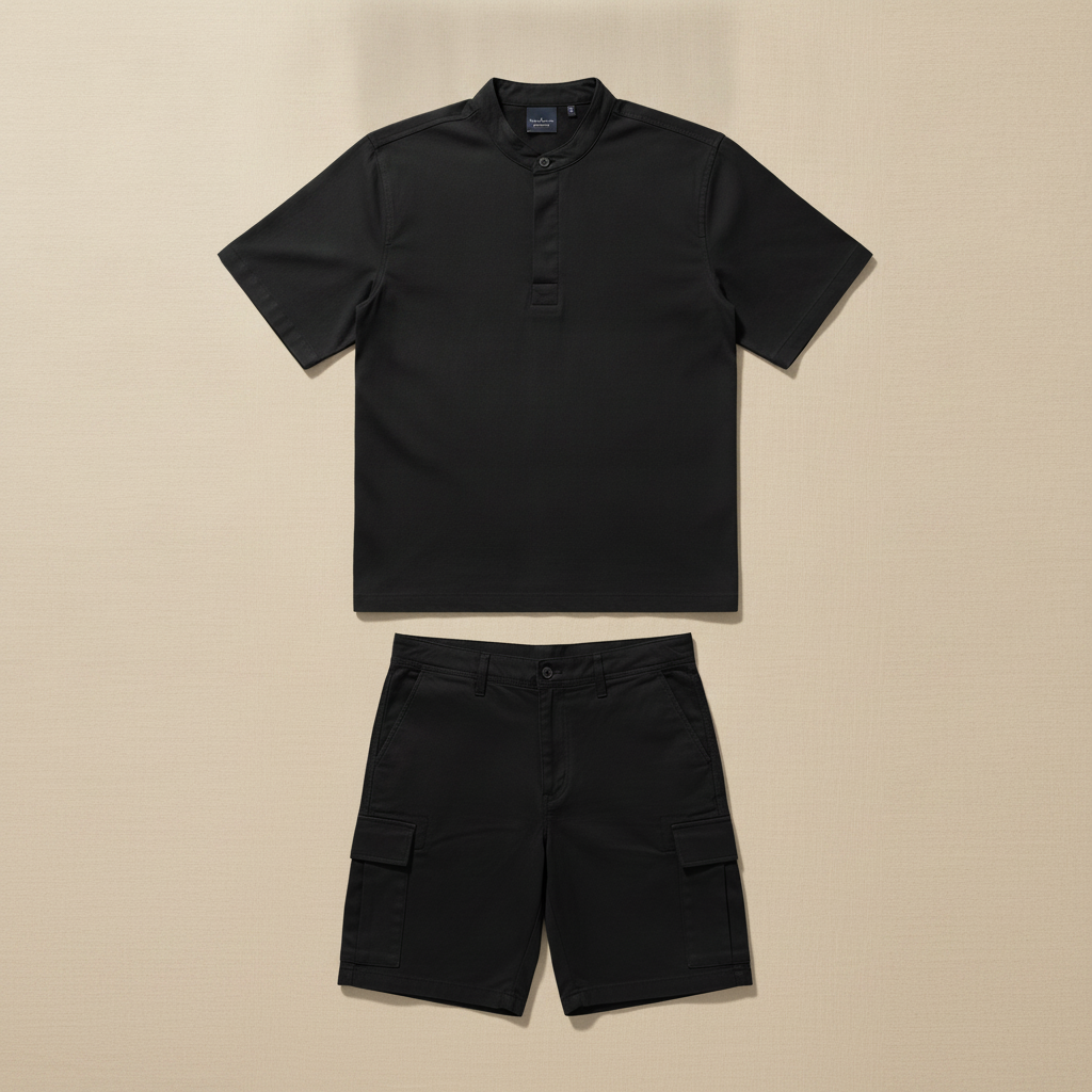 Completo Coordinato Uomo Camicia e Pantaloncini Cargo - Nero