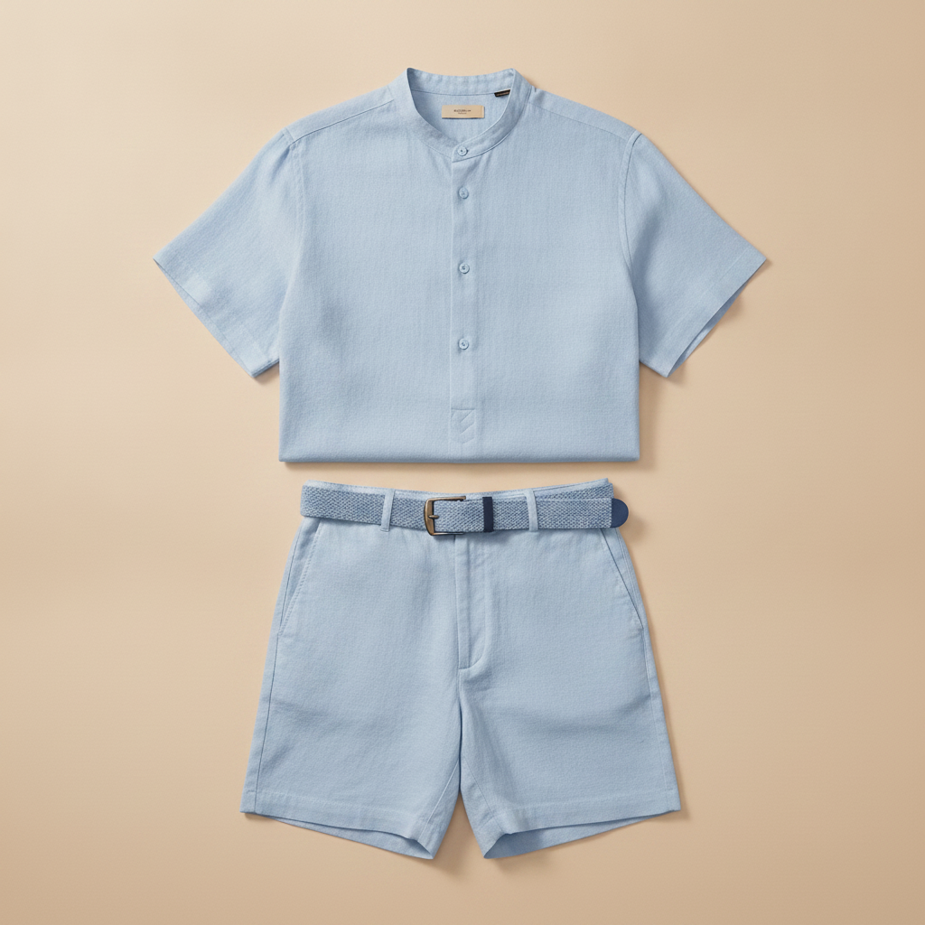 Completo Coordinato Uomo Camicia Lino Premium e Pantaloncini con Cintura - Azzurro Polvere