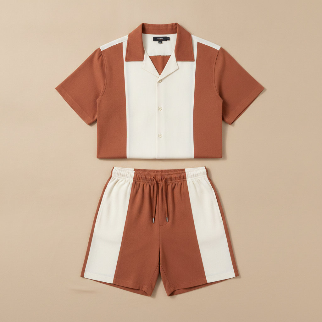Completo Coordinato Uomo Camicia Color Block e Pantaloncini - Bianco e Terracotta