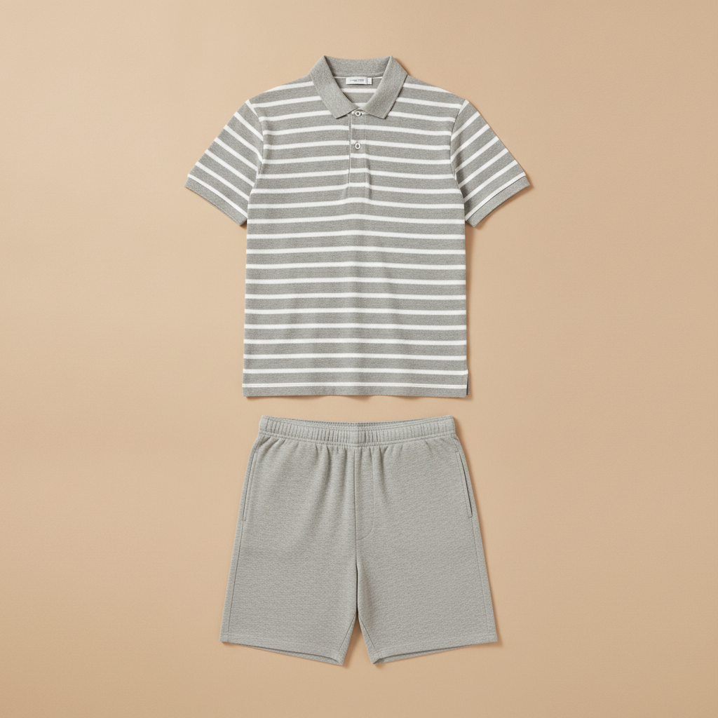 Completo Coordinato Uomo Polo a Righe e Bermuda - Grigio e Bianco