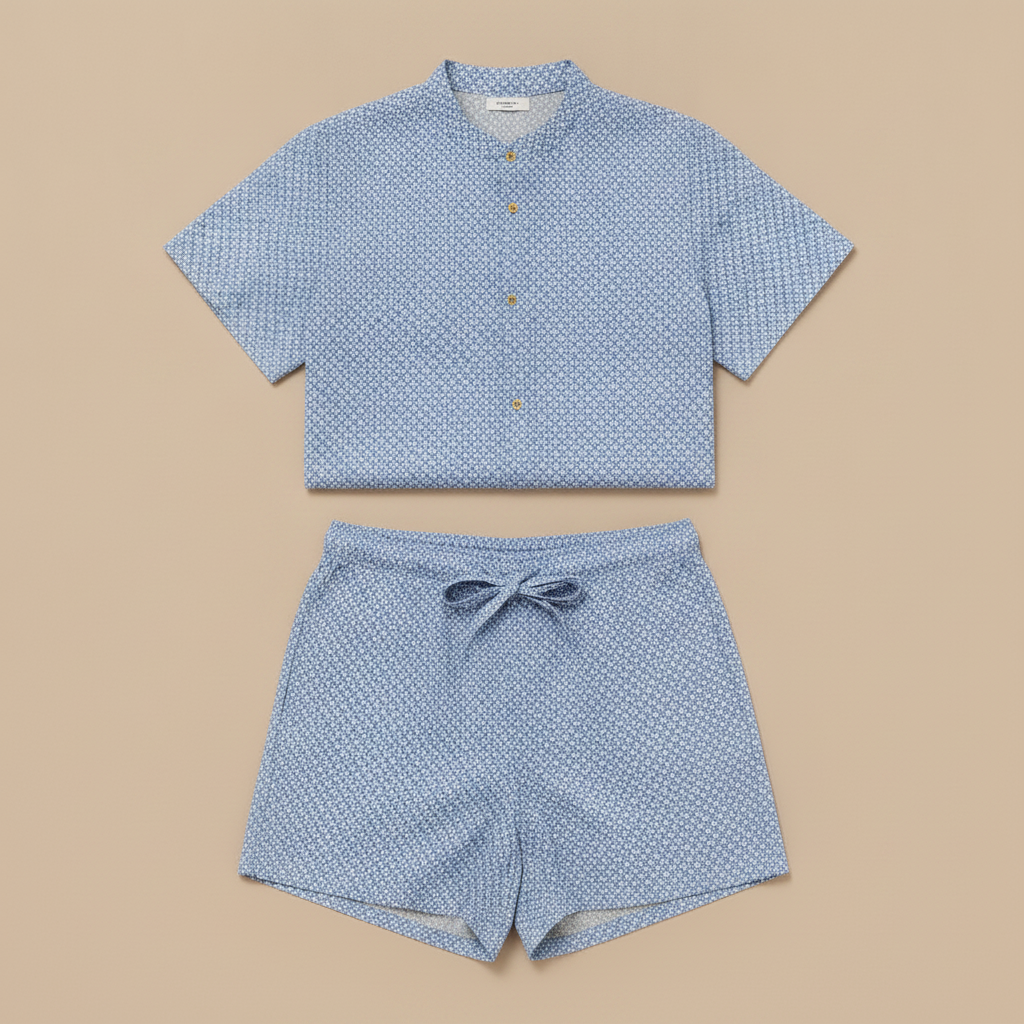Completo Coordinato Uomo Camicia Popeline Mini-Stampa e Pantaloncini - Azzurro Mini-Stampa